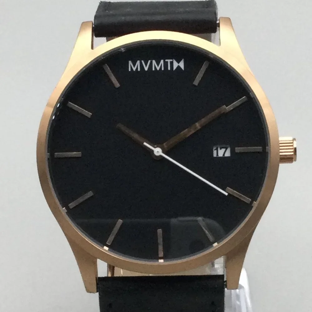 MVMT Watch Men 45mm Rose Gold Black Dial Date Leather Band New Battery
